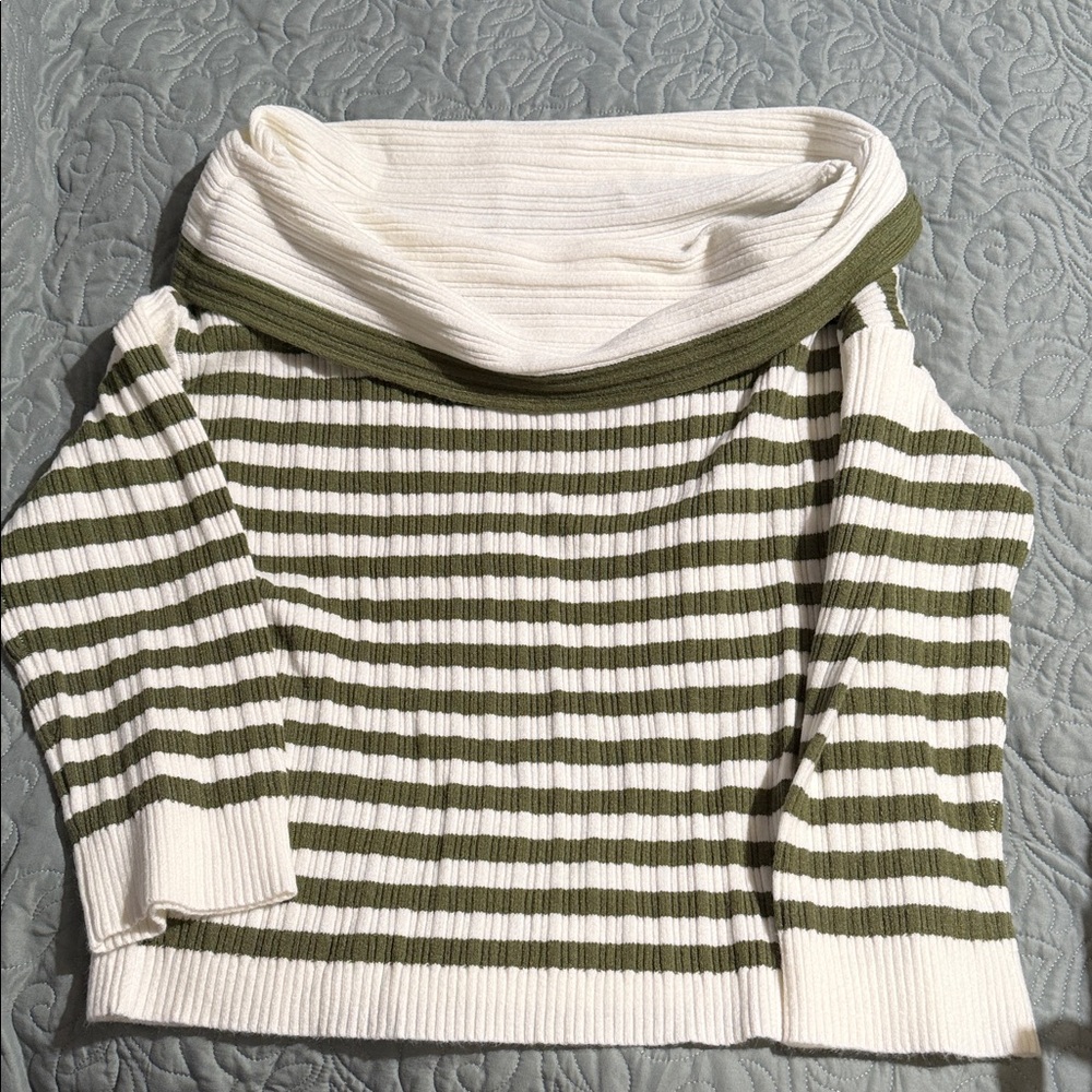 Striped Off-Shoulder Sweater - White and Green